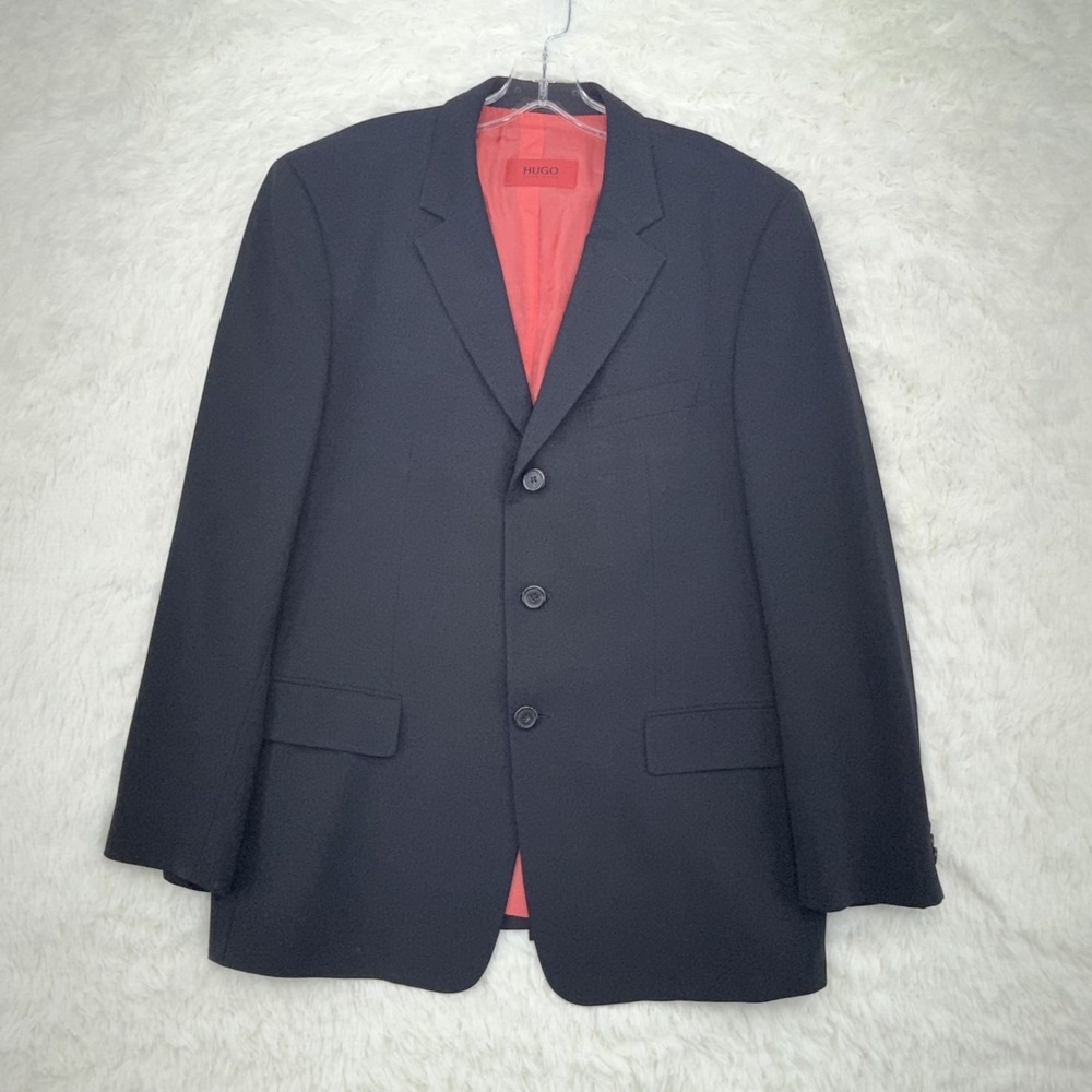 Hugo Boss Blazer Mens 40S Navy Blue Sport Coat Red Lining Slim Fit Wool Jacket